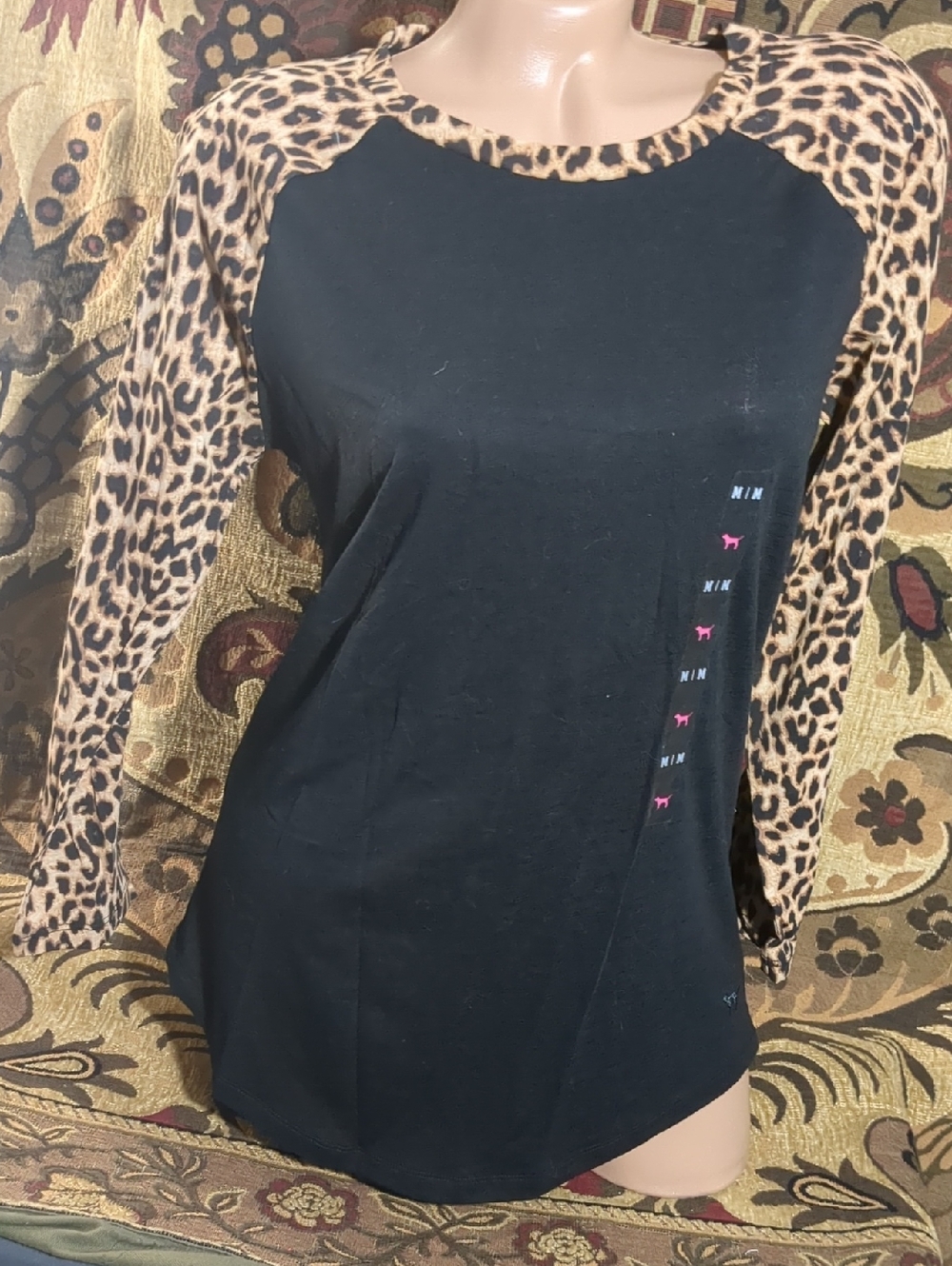 PINK Victoria's Secret Black Top with Leopard Raglan Sleeves